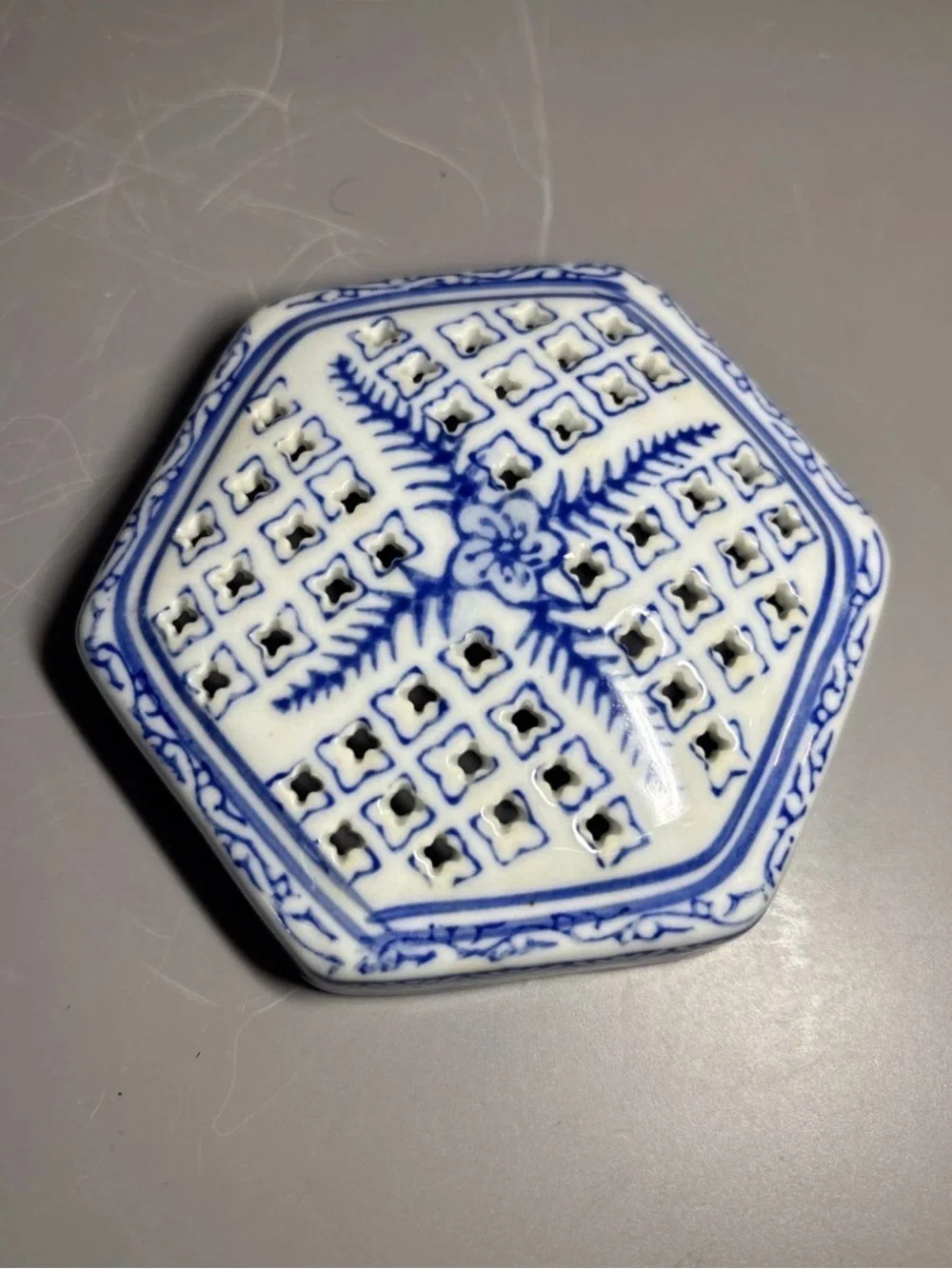 Blue and White Hexagonal Porcelain Storage Box - Decorative Trinket Dish